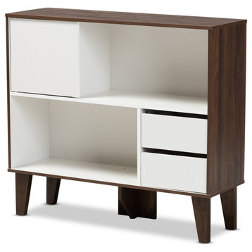 Modern Two-Tone White and Walnut Brown Finished Wood 2-Shelf Bookcase