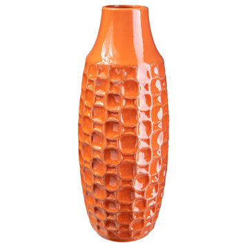 Tall Ceramic Vase with Debossed Abstract Design Gloss Orange Finish, Large