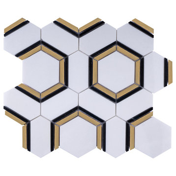 TNDOG-09 Hexagon White Marble Gold Metal Stainless Steel Backsplash Tile, 10 Sheets