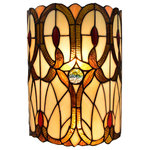 Amora - Tiffany Style 2 Light Antique Wall Lamp, 14" Tall - This Tiffany style lamp is hand-crafted using the same techniques that were developed by Louis Comfort Tiffany in the early 20th century. Each piece of glass is hand cut to the perfect shape and size, wrapped in copper foil, and soldered together to create a truly unique piece of art. Made with 126 pieces of hand-cut stained glass and 5 jewels. Requires two 60W E26 medium base type A bulbs (Not Included). Our lamps are fully compatible with CFL and LED bulbs. This lamp must be hardwired. Please consult a professional electrician for installation. Shade colors will appear darker and less vibrant when not illuminated. The handcrafted nature of this product creates variations in color, size, and design. If buying two of the same item, slight differences should be expected. This stained-glass product has been protected with mineral oil as part of the finishing process. Please use a soft dry cloth to remove any excess oil.