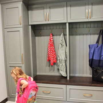 Rustic Alder Gray Stained Kitchen with White Hutch and Island