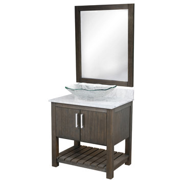 30" Vanity, Café Mocha Quartz Top, Sink, Drain, Mounting Ring, and P-Trap, Chrome, Mirror Included