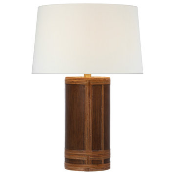 Lignum Medium Table Lamp in Dark Oak and Dark Rattan with Linen Shade