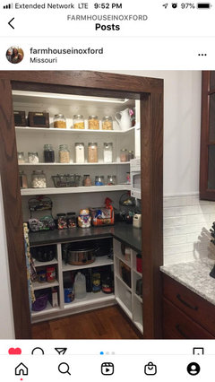 Organized Pantry Closet, Adjustable Shelves, Corkboard Backsplash