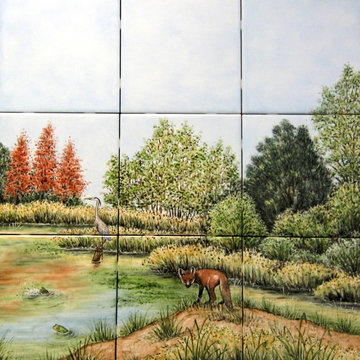 "Snowy Egrets & Copper Red Bald Cypress" kitchen backsplash tile mural