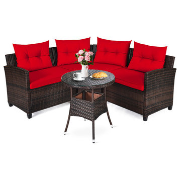 Costway 4PCS Outdoor Patio Rattan Furniture Set Cushioned Sofa Table Red
