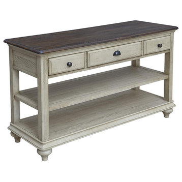 Rustic Console Table, 3 Drawers and Lower Shelf, Antique White - Natural Walnut