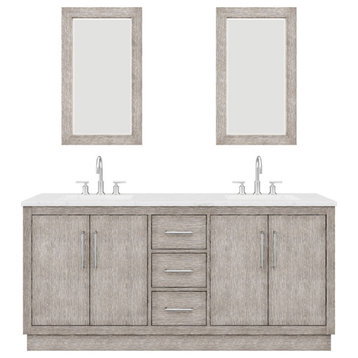 72 Double Sink White Marble Vanity, Gray Oak With Gooseneck Faucets and Mirrors