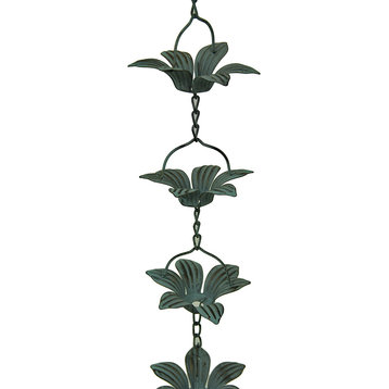 Verdigris Finish Metal Lily Flower Rain Chain w/Attached Hanger 48 Inch