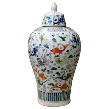 Chinese White Base Color Gold Fishes Graphic Porcelain Jar Hws1105