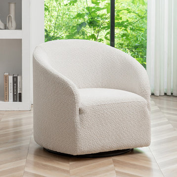 32" Wide Boucle Upholstered Swivel Barrel Chair, White