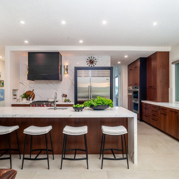 Modern Walnut Kitchen Remodel with Waterfall Island | San Diego