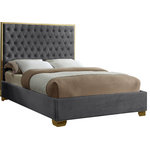 Meridian Furniture - Lana Velvet Bed, Gray, Queen - Make the Lana grey velvet bed part of your dream bedroom setup. This bed has all of the bells and whistles you want, including a super tall headboard that stands nearly five-feet tall. The bed is covered in grey velvet fabric for a luxe look, and it's deeply tufted for added luxuriousness. The headboard is soft and welcoming against your back and head as you read or watch TV in bed, and the bed rests on gold legs for dependable sturdiness and durability. Use it without a box spring or foundation, since the slats are included.