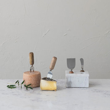 Modern Stainless Steel Cheese Servers with Wood Handles and Marble Stand
