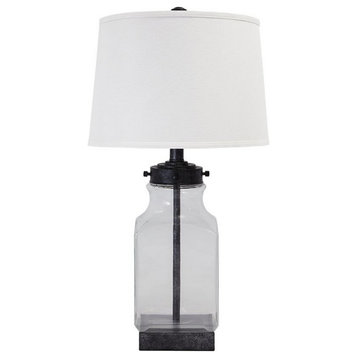 Smoky Glass Frame Table Lamp With Fabric Shade, Light Gray And Clear
