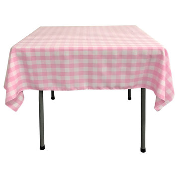 LA Linen Square Gingham Checkered Tablecloth, White and Pink, 52"x52"