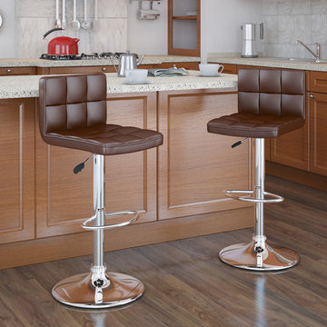 High Back Adjustable Bar Stool, Brown Leatherette, Set of 2