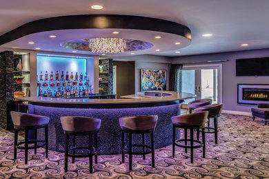 Seated home bar - large eclectic u-shaped carpeted seated home bar idea in DC Metro with an undermount sink, open cabinets and quartz countertops