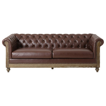 Kinzie Chesterfield Tufted 3 Seater Sofa with Nailhead Trim, Dark Brown, Pu