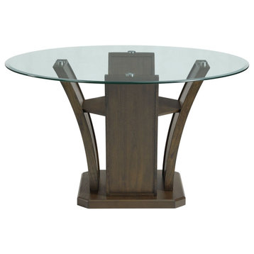 Transitional Dining Table, Pedestal Base With Rounded Glass Top, Walnut