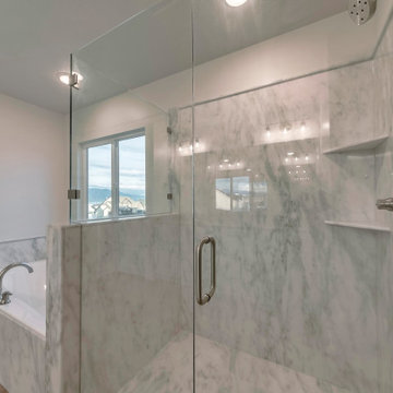 Modern Bathroom Interior With Gray Marble Tiles, Shower and Corner Bathtub