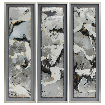 66x21 3-Piece Set Abstract Canvas, Black On Silver Frame