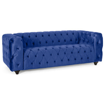 Contemporary Classic Sofa, Padded Button Tufted Seat, Navy Blue Velvet