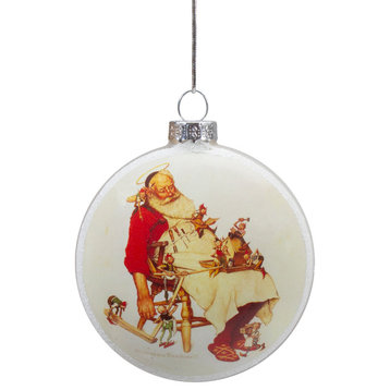 3" Norman Rockwell 'Santa and His Helpers' Glass Christmas Disc Ornament