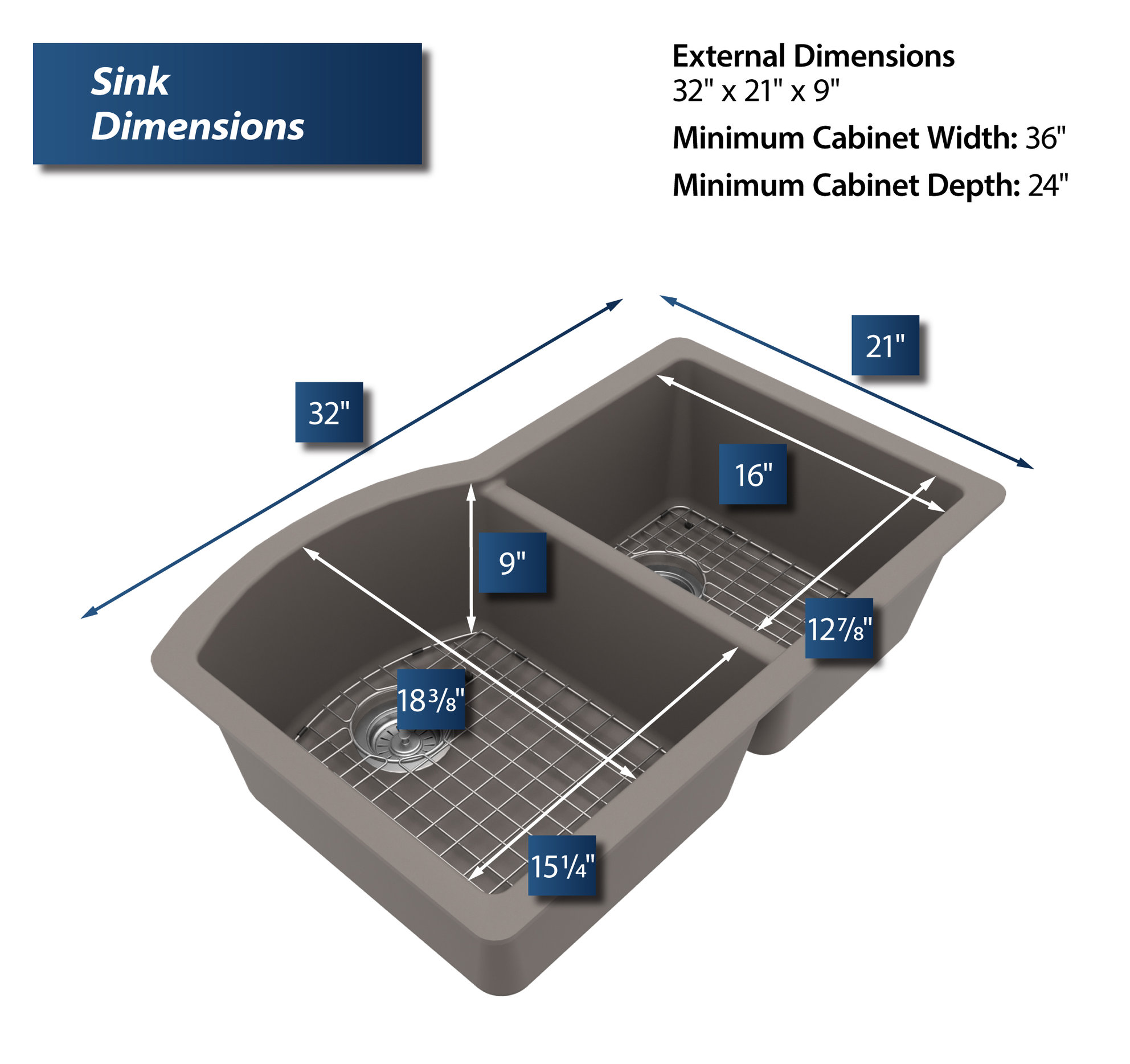 Karran Undermount Quartz 32" 60/40 Double Bowl Kitchen Sink Kit, Concrete