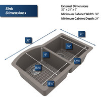 Karran Undermount Quartz 32" 60/40 Double Bowl Kitchen Sink Kit, Concrete