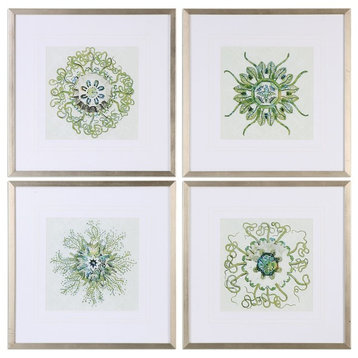 Botanical Mandala Wall Art Set, 4-Piece, Set of Group Green Silver Frame Square