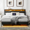 Full/Queen/King Bed Frame with Charging Station and LED Lights, Gray, King
