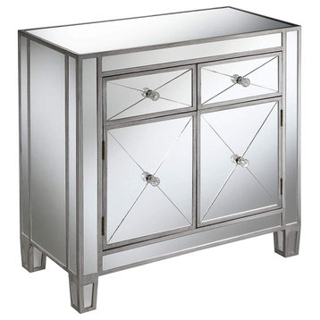 Contemporary Console Table, Mirrored Design With 2 Doors & 2 Drawers, Silver