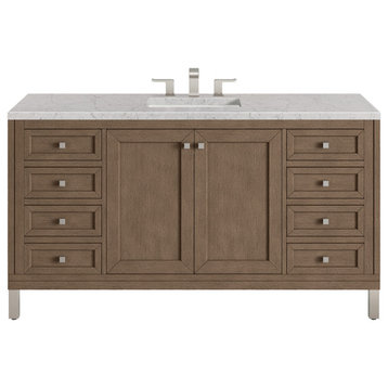 Chicago 60" White Washed Walnut Vanity, 3cm Eternal Jasmine Pearl Quartz Top