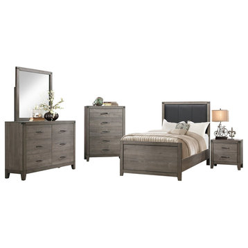 5-Piece Wademan Industrial Full Bed, Dresser, Mirror, Nightstand, Chest Gray