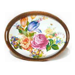 Flower Market Rattan & Enamel Party Tray - White | MacKenzie-Childs - Serving Dishes And Platters