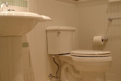 Bathroom - small traditional 3/4 green tile, white tile and subway tile mosaic tile floor and multicolored floor bathroom idea in St Louis with a two-piece toilet, white walls and a pedestal sink
