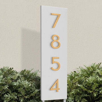 Welcome Home Yard Sign/ Weather Resistant Steel Address Planter/Address Numbers, White, Brass Font