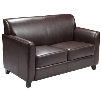 Contemporary Loveseat, Faux Leather Seat With Flared Arms & Back, Brown