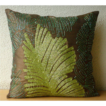 Brown Beaded Leaf Pillow Covers, Art Silk 18"x18" Pillow Case, Rain Forest