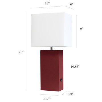 Elegant Designs Modern Leather Table Lamp with USB and White Fabric Shade, Red