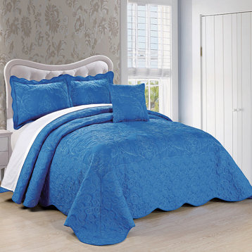 Damask Embroidered Quilted 4 Piece Bed Spread Sets, Palace Blue, King