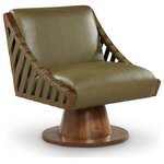 Meridian Furniture - Millwin Upholstered Swivel Accent Chair, Olive, Vegan Leather, Walnut Finish - Revitalize your space with the Millwin olive vegan leather swivel accent chair, featuring a sleek vegan leather upholstery that marries modern elegance with eco-friendly craftsmanship in a unique art deco manner. This stylish chair offers smooth 360-degree swivel functionality on a brown walnut wood frame and base, making it a versatile choice. Its contemporary design and plush cushioning provide both comfort and visual appeal, adding a sophisticated touch to any setting.