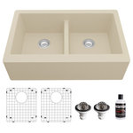 Karran USA - Karran Farmhouse Apron Front Quartz 34" Double Bowl Sink Kit, Bisque - This elegant apron front farmhouse design with its deep 9-1/4” apron blends function and form beautifully, and will look stunning in your new kitchen. It is manufactured from an extremely durable quartz composite material that will provide decades of trouble-free use. This kitchen sink apron front farmhouse design is available in a choice of 6 elegant color choices to compliment any decor. The QA-750 34-inch  double bowl 50/50 split will allow you to separate spaces for cleaning dishes. This kitchen sink kit includes two bottom grids, two basket strainers and a luster pro oil to help you maintain your new double bowl farmhouse kitchen sink.