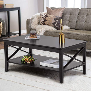 Black Wood Coffee Table with Thicker Legs and Storage for Living Room
