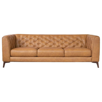 Flore Mid Century Modern Chesterfield Genuine Leather Sofa in Cognac Tan