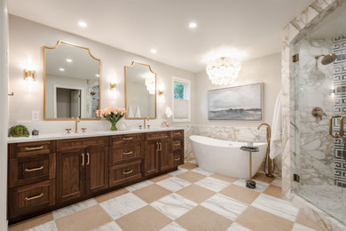Inspiration for a large timeless master marble tile and gray tile marble floor, multicolored floor, double-sink and wainscoting bathroom remodel in Denver with a bidet, an undermount sink, quartzite countertops, a hinged shower door, white countertops, a niche, a built-in vanity, shaker cabinets, dark wood cabinets and gray walls