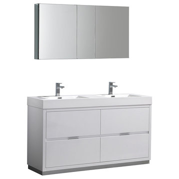 60" Glossy White Free Standing Double Sink Bathroom Vanity,Medicine Cabinet