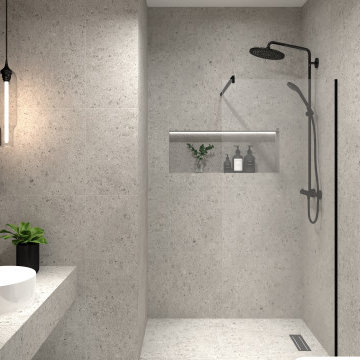 Urbanes Duschbad mit Terrazzo-Fliesen + Gäste-WC