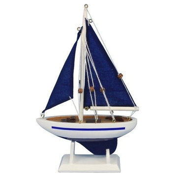 Wooden Pacific Sailer With Blue Sails Model Sailboat Decoration, Blue, 9"